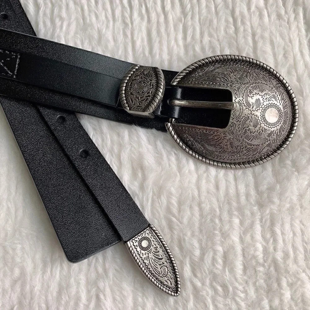 Vintage Style Genuine leather Belt with Floral Engraved Pattern Buckle